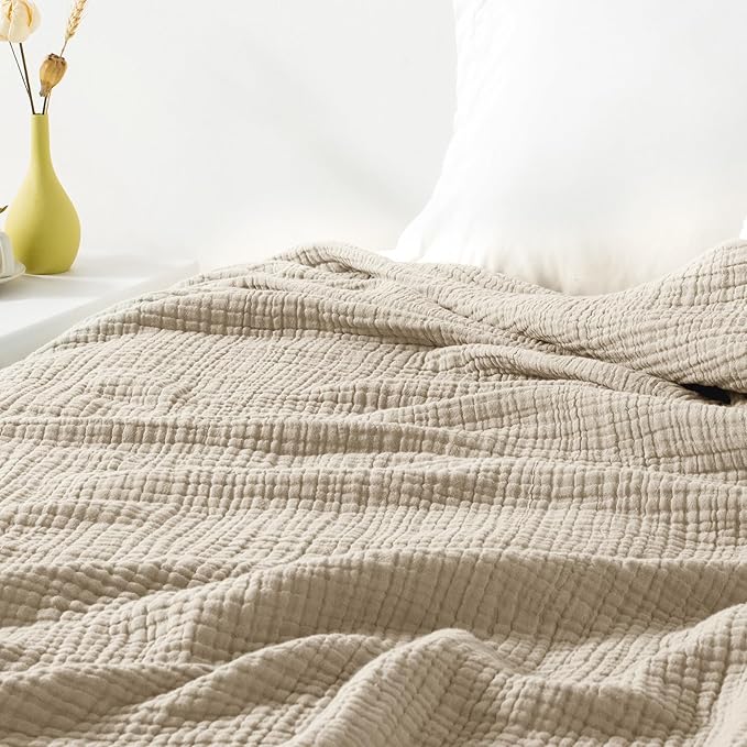 Carriediosa 100% Cotton Muslin Throw Blanket 108" X 90" King Size,4-Layers Summer Gauze Throws for Bed Couch,Soft Lightweight Breathable Linen Blankets Bedspread for Adults All Season,Khaki