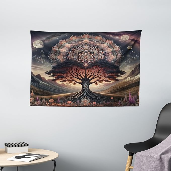 Ambesonne Hippie Tapestry, Scandi Myth Tree of Life and Trippy Floral Motif with Space Landscape, Wide Wall Hanging for Bedroom Living Room Dorm, 60" X 40", Dark Slate Blue Indigo