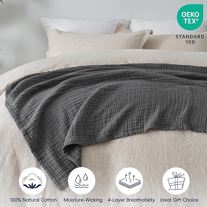 PHF 100% Cotton Muslin Throw Blanket 50" x 60", 4-Layer Lightweight and Breathable Blanket for Summer, Luxuriously Soft Gauze Throws for Couch, Natural Minimalism Style, Ideal Gift, Greyish Black