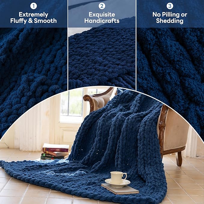 Chunky Knit Blanket - Luxury Soft Cozy King Size(60 * 80) Throw Blanket,100% Woven Blanket Rope Knot Throw Blanket for Couch, Sofa, Home Decor, Gift - Machine Washable(Deep Blue)