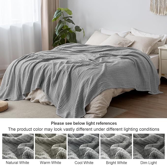 PHF 100% Cotton Muslin Blanket Queen Size 90" x 90", 4-Layer Lightweight and Breathable Blanket for Summer, Luxuriously Soft Gauze Bedding for Bed, Natural Minimalism Style, Ideal Gift, Grey