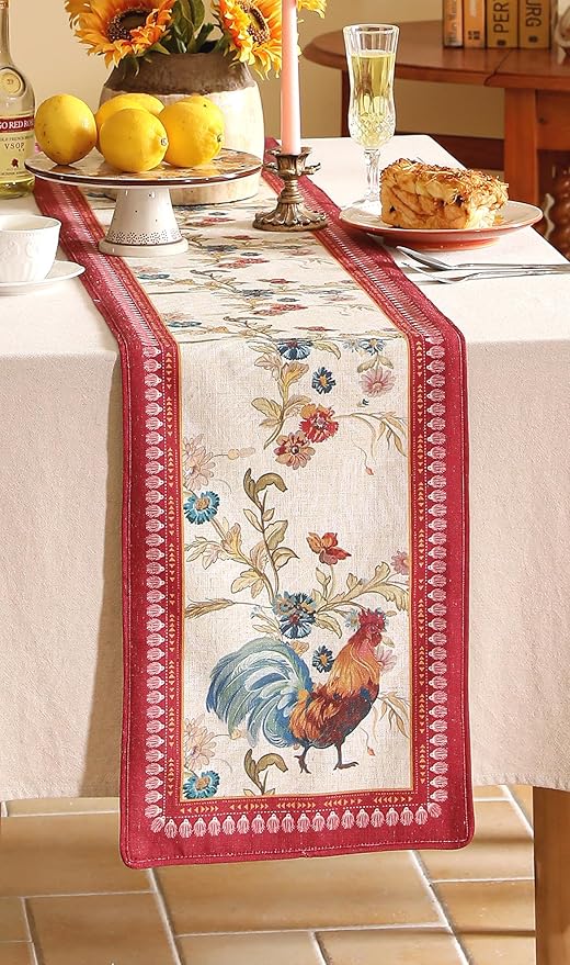 patdrea Designer Farmhouse Linen Table Runner, Rustic Cottage Mauve with Rooster and Floral Pattern Fabric Table Mat, Decoration for Kitchen Dining Coffee Table Banquet Christmas , 12"*102"