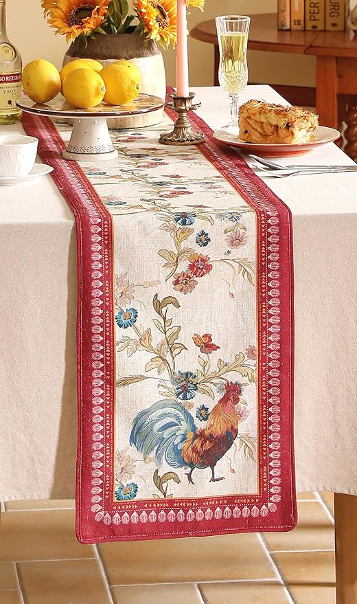 patdrea Designer Farmhouse Linen Table Runner, Rustic Cottage Mauve with Rooster and Floral Pattern Fabric Table Mat, Decoration for Kitchen Dining Coffee Table Banquet Christmas , 12"*71"