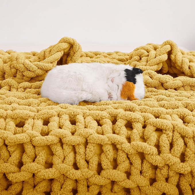 Knit Blanket 50"x60" Yellow Cream Soft Washable Chenille Throw Blanket Cozy 100% Handmade Crochet Blankets with Jumbo Chenille Yarn for Couch Bed Sofa Room Decor