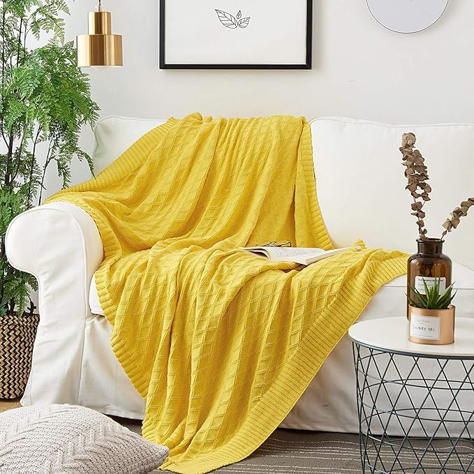 Large Yellow Cotton Knit Throw Blanket for Couch Sofa Bed - Home Decorative Soft Cozy Sweater Woven Fall Cable Oversize Knitted Blankets - 3.4 pounds 60 x 80 Inch