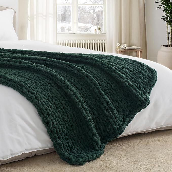 Chunky Knit Throw Blanket 60"X 80", 100% Handmade with Soft Chenille Yarn, 4.4lbs Thick Cable Knitted Blankets, Large Rope Knot Crochet Throws for Couch Sofa Bed Home Decor, Dark Green