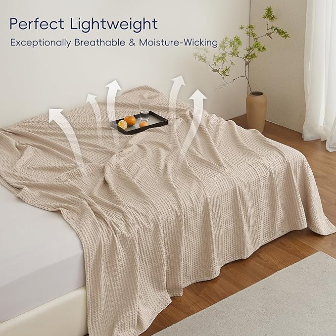 PHF Lightweight Waffle Weave Blanket King Size, Breathable & Ultra Soft, 104"x 90" Soft & Cozy Thin Blanket, Perfect for Summer & Hot Sleepers, Bed, Home Decor - Light Tan