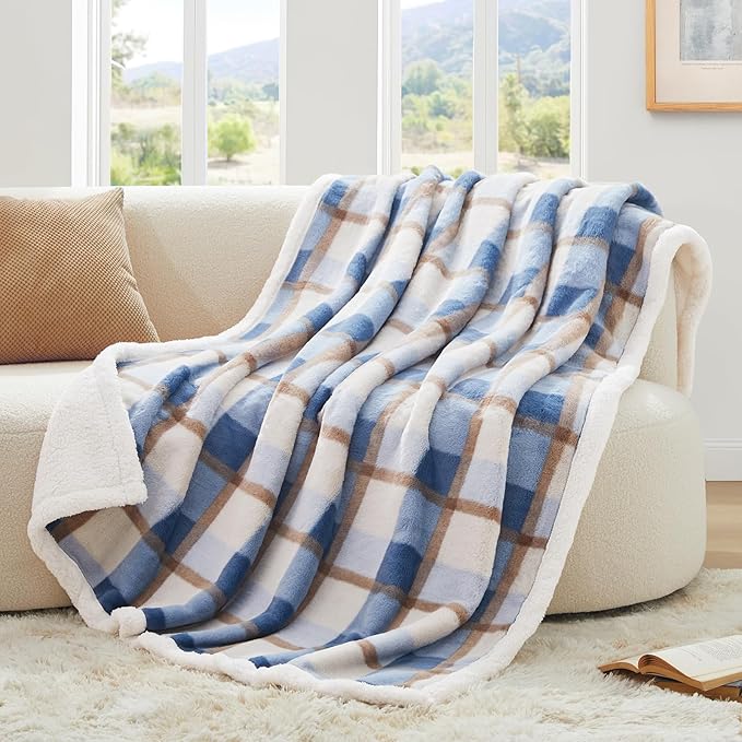 PU MEI Super Soft Faux Rabbit Fur Sherpa Fleece Throw Blanket, Reversible Luxury Cozy Cute Furry Blanket, Plush Warm Shaggy Fluffy Checkered Blankets for Sofa Couch Bed (Blue-Plaid, 80" x 90")
