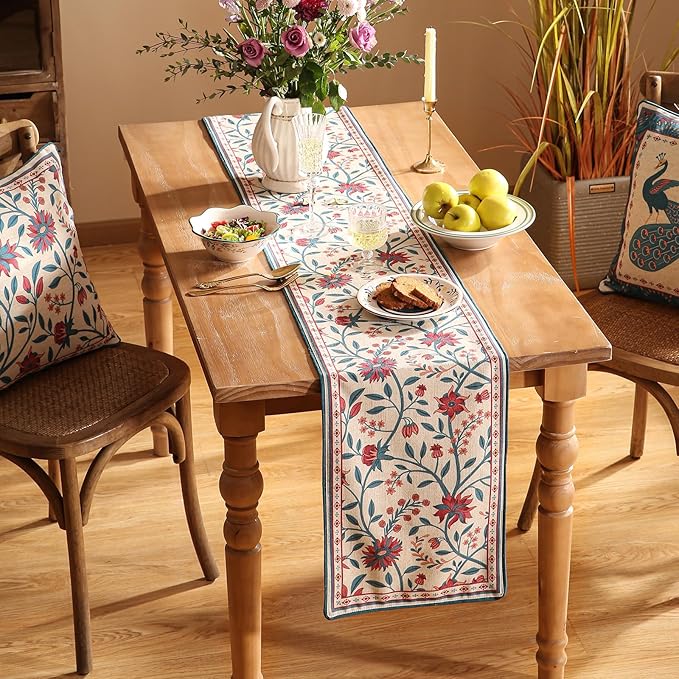 Farmhouse Berry Red Floral Table Runner for Coffee Table,Decorative Linen 87 Inches Long Table Runners,Decor Tabletop for Kitchen,Dining,Party,Home,Christmas,12"*87"