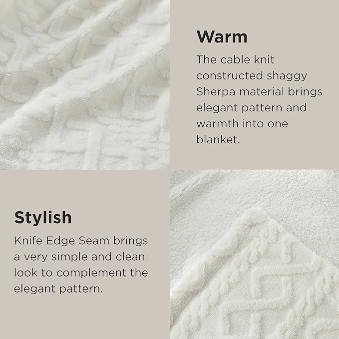 Bedsure Sherpa Queen Size Blanket for Bed - Fleece Soft Cozy Fuzzy Cable Blankets for Women, Thick Warm for Winter and All Seasons, Cream, 90x90 Inches