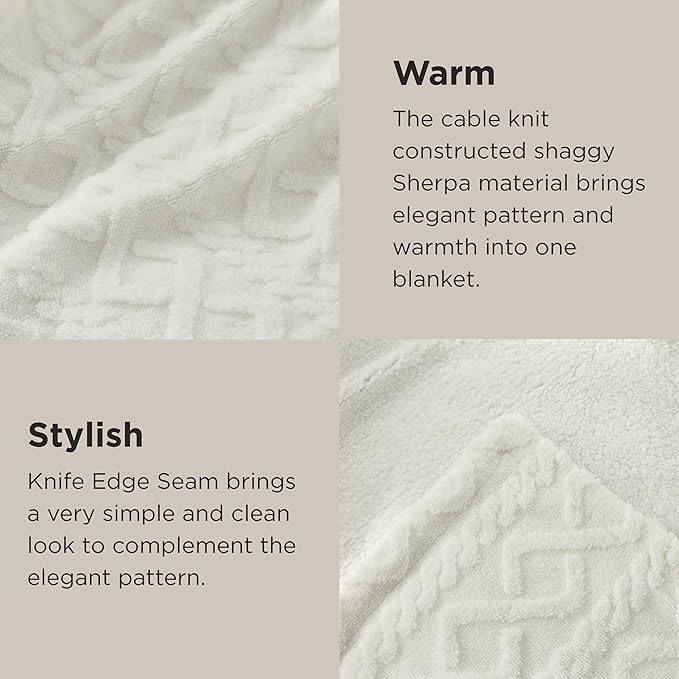 Bedsure Sherpa King Size Blanket for Bed- Fleece Soft Cozy Fuzzy Cable Blankets for Women, Thick Warm for Winter and All Seasons, Cream, 108x90 Inches