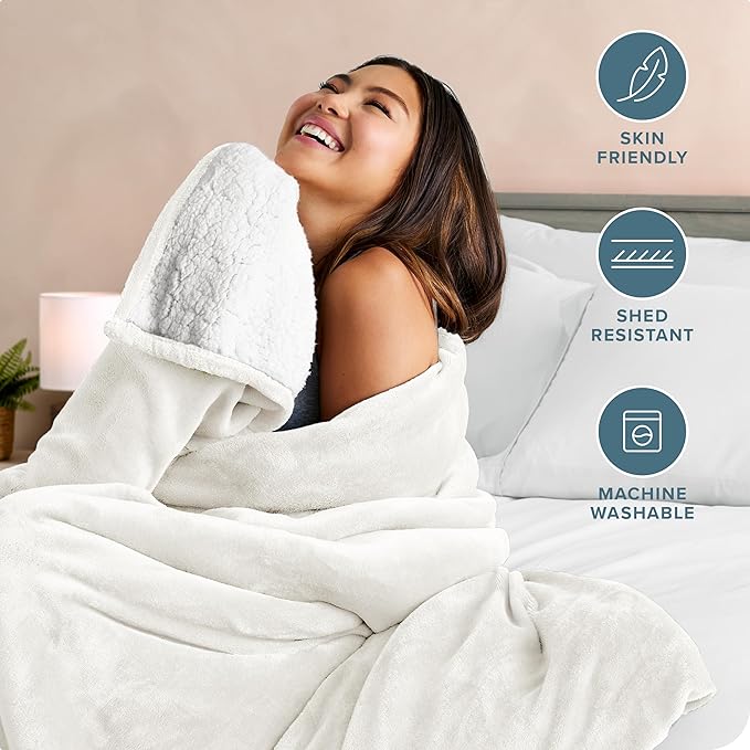 Bare Home Sherpa Fleece Blanket - Full/Queen Size - Blanket for Bed, Sofa, and Couch - Warm & Lightweight - Fluffy & Soft - Reversible (Full/Queen, Cream)