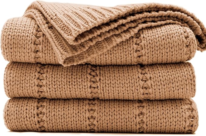 RECYCO Cable Knit Light Brown Throw Blanket Twin Size for Couch, Super Soft Warm Cozy Decorative Knitted Throw Blanket 3.6LB for Bed, Sofa, Chair Large 60"x80"