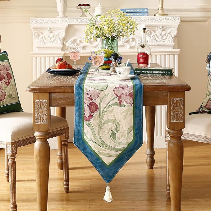 patdrea Designer Elegant Bright Linen Table Runner 87 Inch Long, Mauve Iris Floral Pattern Table Mat, Decoration for Kitchen Dining Table Coffee Table Shelf Cabinet Banquet Christmas ,12"*87"