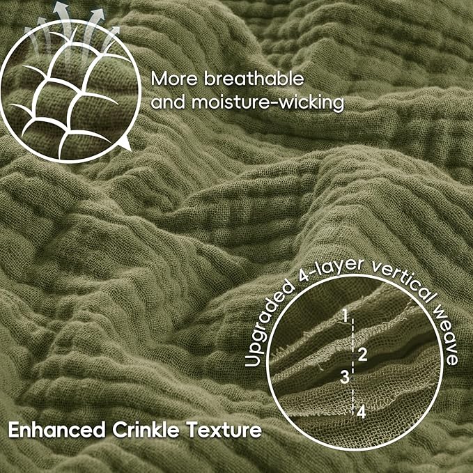 PHF 100% Cotton Muslin Throw Blanket 50" x 60", 4-Layer Lightweight and Breathable Blanket for Summer, Luxuriously Soft Gauze Throws for Couch, Natural Minimalism Style, Ideal Gift, Olive Green