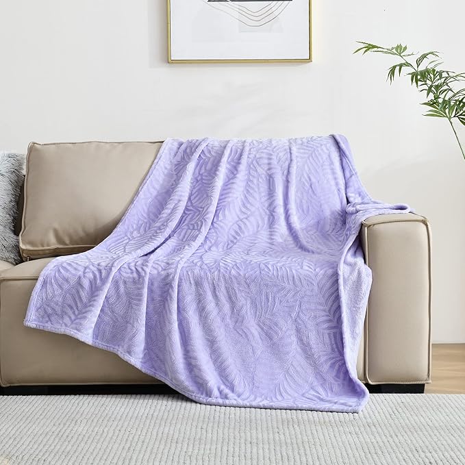 SOCHOW Super Soft Flannel Fleece Throw Blanket, Lightweight Cozy Warm Leaves Textured Plush Blanket for Bed Couch Sofa, 50 x 60 Inches, Lilac
