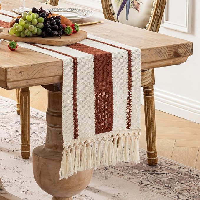 Fancy Homi Rust Table Runner 108 Inches Long Boho Macrame Table Runner for Home Decor, Terracotta Farmhouse Table Runners with Tassels for Party Rustic Bridal Shower Dining Decor 12x108 Inches