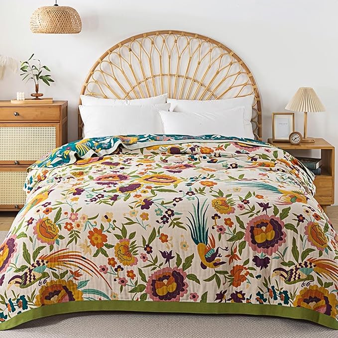 Soft Rustic Boho Quilt Fall Blanket, Farmhouse Decor, Floral Printed 100% Cotton Throw Blanket, Bohemian Style King Size Bed Blankets for All Seasons, Golden Phoenix,90"x98"