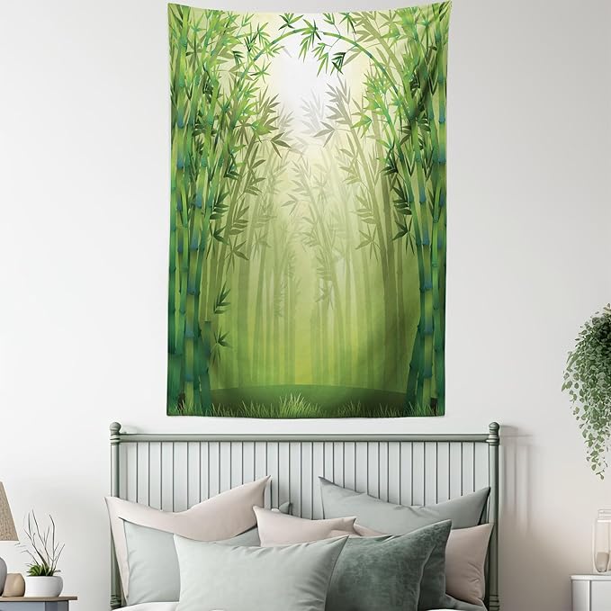 Ambesonne Forest Tapestry Twin Size, Image of Exotic Trees in Rain Forest Far Eastern Wildlife Tropical Nature Inspired, Wall Hanging Bedspread Bed Cover Wall Decor, 68" X 88", Green and White