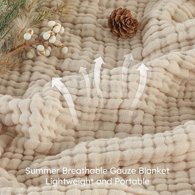 Yoofoss Muslin Blanket 100% Cotton Throw Large 50" x 60" for Bed Couch Summer Gauze Blanket for Adults Lightweight and Breathable Apricot White