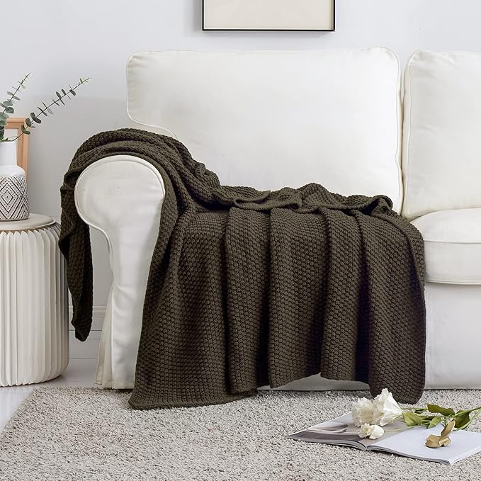 Longhui bedding Dark Brown Knitted Throw Blanket for Couch, Soft, Cozy Machine Washable 100% Cotton Sofa Knit Blankets, Heavy 4.0lb Weight, 60 x 80 Inches, Dark Brown Color.