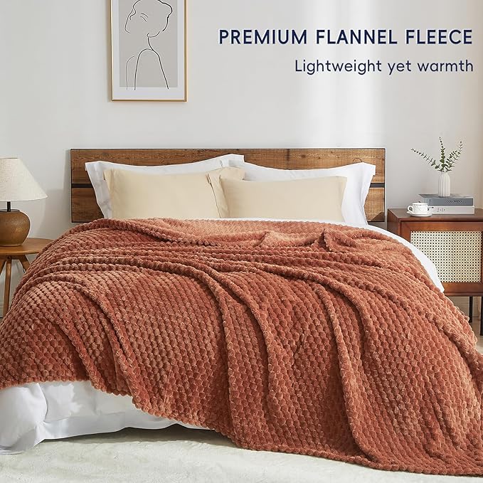 PHF Ultra Soft Flannel Fleece Blanket Queen Size, Lightweight 3D Jacquard Fleece Blanket, No Shedding, No Pilling, Luxury 340GSM Aesthetic Fluffy Cozy for Bed Room Decor, 90"x90", Burnt Umber