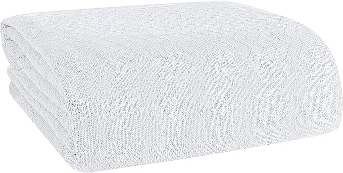 BELIZZI Home 100% Cotton Bed Blanket, Breathable Thermal Blanket Full - Queen Size, Soft Chevron Thermal Blanket 90"x90", Cotton Bed Blanket, Perfect for Layering Any Bed for All Season, White