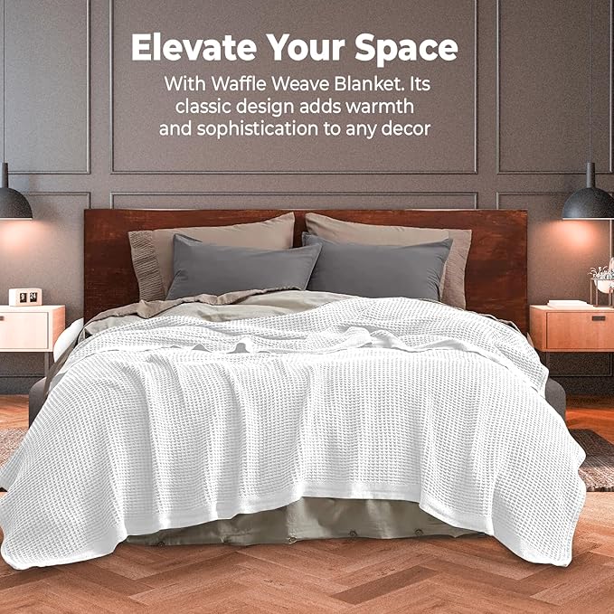 100% Cotton Blankets Queen Size for Bed - Waffle Weave Blankets for Summer, Lightweight and Breathable Soft Woven Blanket for Spring, (White, Queen (90" x 90"))