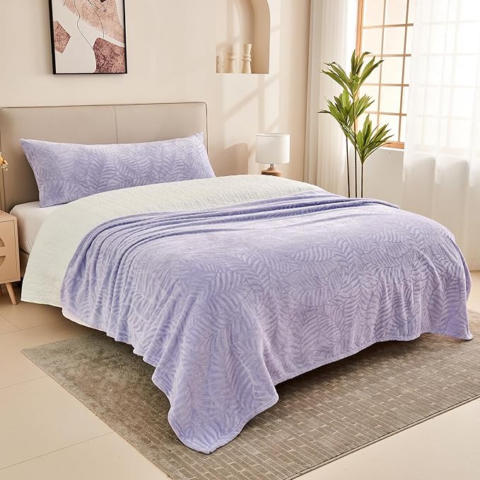 SOCHOW Super Soft Flannel Fleece Throw Blanket, Lightweight Cozy Warm Leaves Textured Plush Blanket for Bed Couch Sofa, 50 x 60 Inches, Lilac