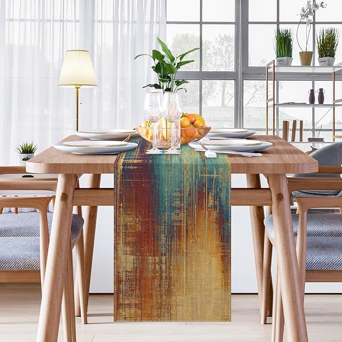 Emvency Blue and Orange Table Runner, Vintage Abstract Messy Rust Painting Dining Decor for Kitchen Coffee Table Family Dinners Holiday Parties Wedding Events Decor(13x72 inch)
