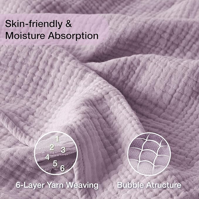 100% Cotton Muslin Blanket King 108" x 90", 6 Layers Breathable and Lightweight Cotton Throw Blanket for Bed, Soft Quilt Bedspread Coverlet, Gauze Blanket for Adults All Season, Lavender