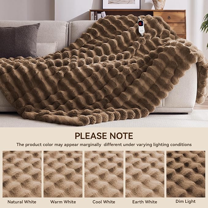 Heated Blanket Throw with 1/2/4/6/8 Hours Auto-Off 10 Heat Level, 62'' * 84'' Cozy Faux Rabbit Fur Bubble Electric Blanket with Overheat Protection(Brown)