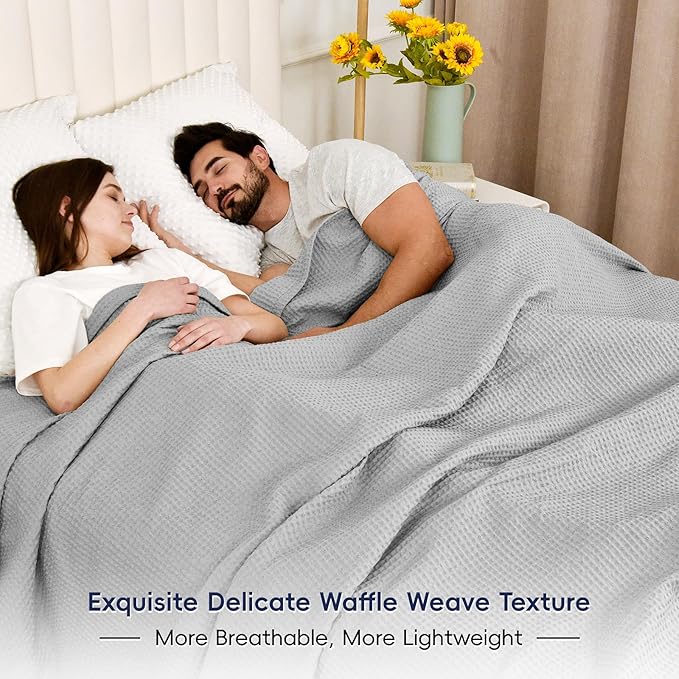 PHF Pre-Washed Cotton Waffle Weave Blanket King Size for Bed,Snag Proof Throw Blanket for Couch Spring Summer Lightweight Breathable,Oeko-TEX Certified,Machine Washable,Home Decor Gift,Light Grey
