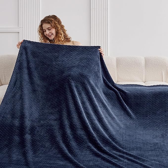 Oversized King Fleece Blanket 120x138 Inches, Seamless Soft Cozy 3D Jacquard Flannel Blanket 10'x11.5' Extra Large for Bed, Sofa, Couch, Travel & Camping, California King Throw, Navy Blue Leaf
