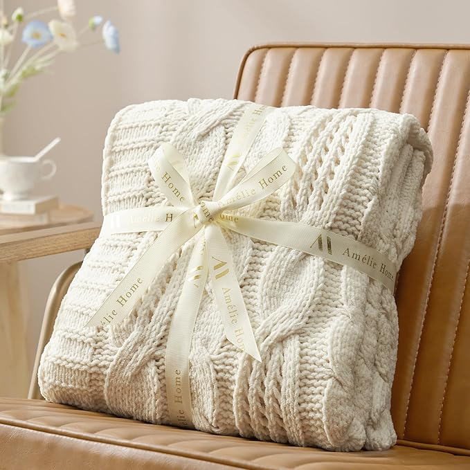 Amélie Home Chunky Knit Chenille Throw Blanket, Breathable Cable Knitted Blanket for Couch, Farmhouse Decorative Throw for Sofa Chair Bed, 60"x80", Ivory