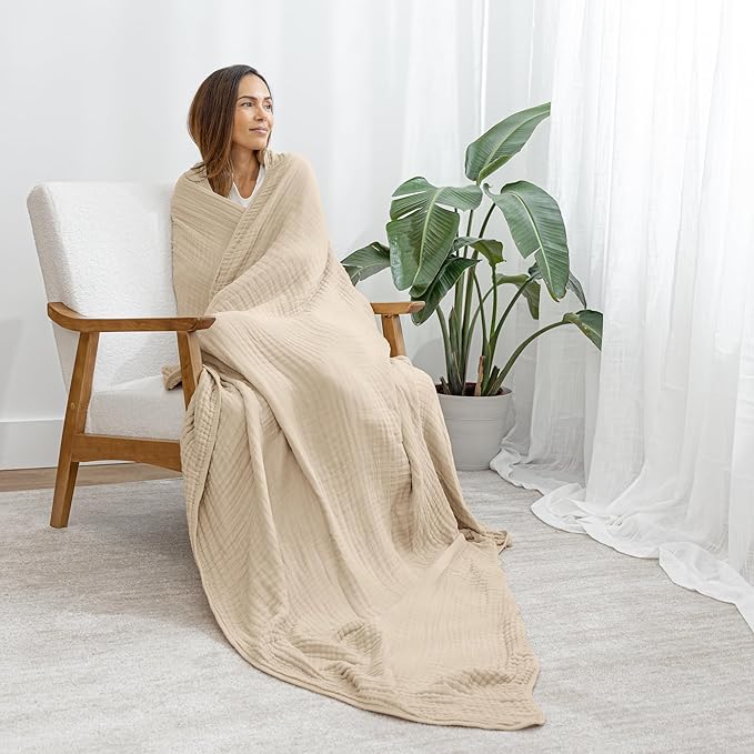 Comfy Cubs Muslin Throw Blanket - 50” x 60” Quilted Design - Lightweight, Breathable 6-Layer Gauze Fabric - Soft Cotton Blanket for Home or Travel - Packaged in Elegant Gift Box - Sand