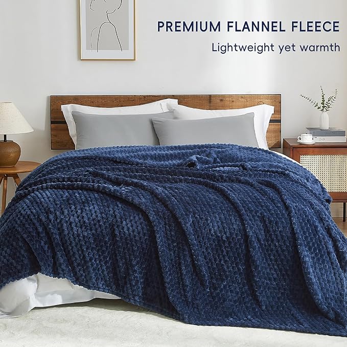 PHF Ultra Soft Flannel Fleece Blanket King Size, Lightweight 3D Jacquard Fleece Blanket, No Shedding, No Pilling, Luxury 340GSM Aesthetic Fluffy Cozy for Bed Room Decor, 108"x90", Navy Blue