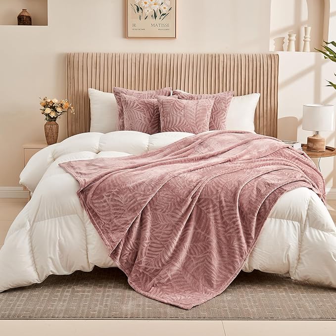 SOCHOW Super Soft Flannel Fleece Bed Blanket, Lightweight Cozy Warm Leaves Textured Plush Blanket as Bedspread Coverlet Bed Cover for All Seasons, 90 x 90 Inches, Dusty Rose