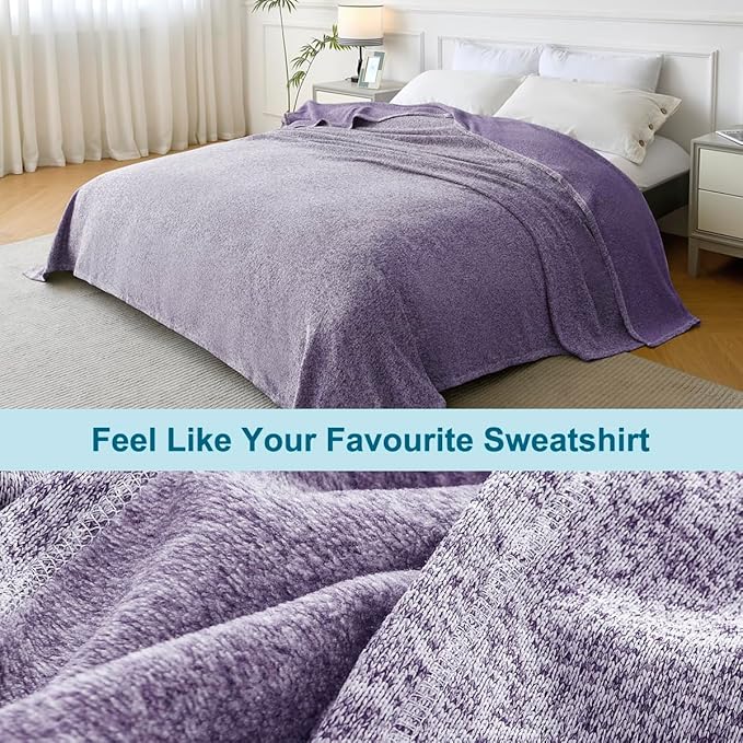 KAWAHOME Summer Sweatshirt Blanket Twin Size for Bed-Lightweight Breathable Blankets,Soft Thin Knit Jersey Blanket for Hot Sleepers,66 X 90 Inches, Heather Purple