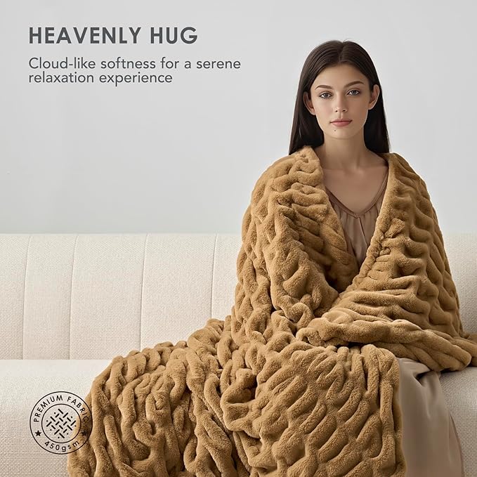 EVERGRACE Luxurious Soft Faux Rabbit Fur Throw Blanket, Cozy Fuzzy Plush Warm Throws for Couch Bed Sofa Chair Home Decor, Ruched Bubble Fluffy Blanket with Reversible Velvet, 60" x 80", Camel