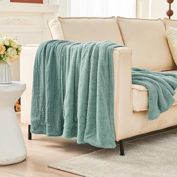 EMME Muslin Cotton Fleece Twin Blanket Reversible - 60"*80" Teal Soft Warm Throw Blankets for Couch Bed Picnic Travel Bed