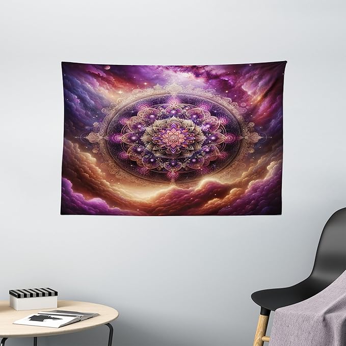 Ambesonne Purple Tapestry, Symmetric Universe Folk Ethnic Art Design Mandala with Galaxy Space Clouds, Wide Wall Hanging for Bedroom Living Room Dorm, 60" X 40", Fuchsia and Amber