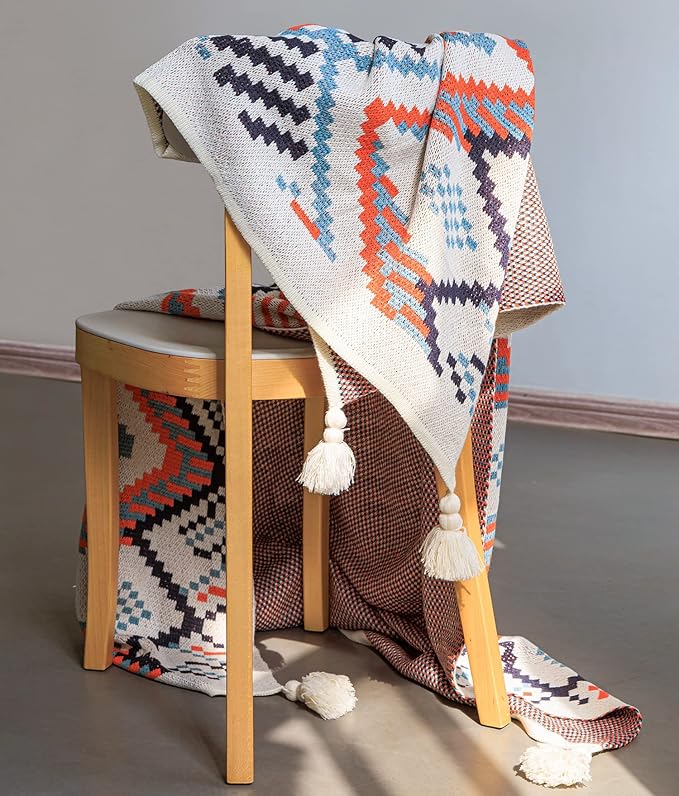 Blue Throw Blanket, Knitted Boho Throw Blankets with Tassels, Soft Colorful Throw Blanket for Sofa Couch Bed and Living Room, Blue&Orange (50x60 Inch)