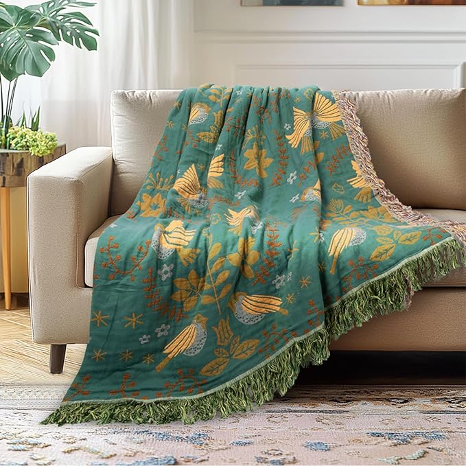 MACEVIA 100% Cotton Boho Throw Blanket, Soft Lightweight Green Bird Floral Design, 60"x80" Twin Size Bedspread for Couch Sofa, Bed, Travel, Cottagecore Decor, with Fringe Tassels (Bird Floral)