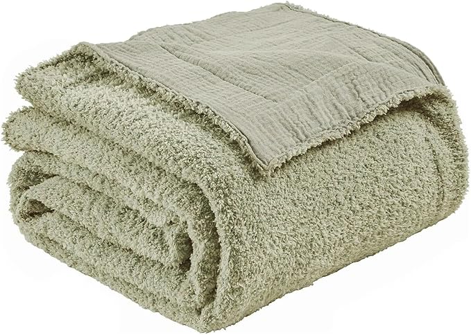 EMME Muslin Cotton Fleece Throw Blanket Reversible - 50"*60" Sage Green Soft Warm Throw Blankets for Couch Bed Picnic Travel Bed