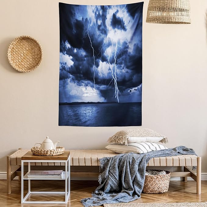 Ambesonne Nature Tapestry Twin Size, Majestic Sky View with Huge Rain Clouds All Over The Sea and Vibrant Storm Rays Print, Wall Hanging Bedspread Bed Cover Wall Decor, Twin Size, Blue
