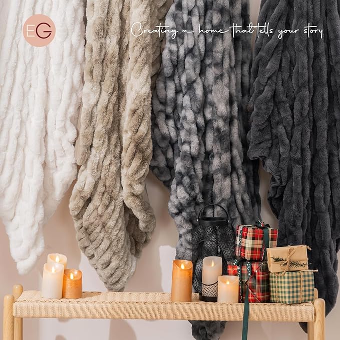 EVERGRACE Luxurious Soft Faux Rabbit Fur Throw Blanket, Cozy Fuzzy Plush Warm Throws for Couch Bed Sofa Chair Home Decor, Ruched Bubble Fluffy Blanket with Reversible Velvet, 60" x 80", Gray
