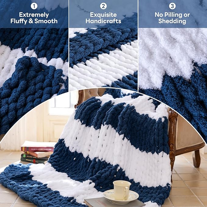 Chunky Knit Blanket - Luxury Soft Cozy Queen Size(50 * 60) Throw Blanket,100% Woven Blanket Rope Knot Throw Blanket for Couch, Sofa, Home Decor, Gift - Machine Washable(White/Deep Blue)