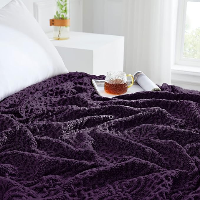 Aormenzy Purple Cable Knit Throw Blanket, Soft & Warm Knitted Blanket Throw for Couch Bed Sofa Living Room, 50 x 60 Inch
