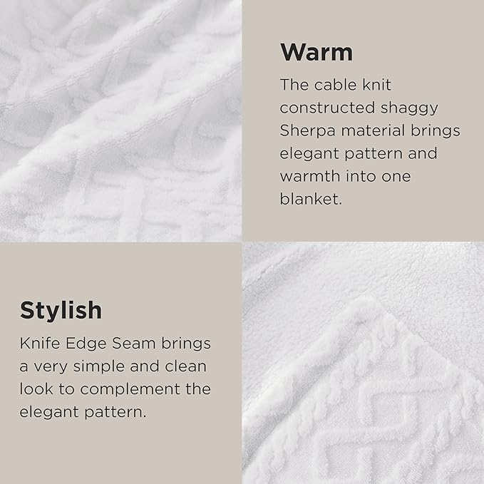 Bedsure Sherpa King Size Blanket for Bed- Fleece Soft Cozy Fuzzy Cable Blankets for Women, Thick Warm for Winter and All Seasons, White, 108x90 Inches